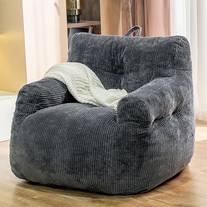 Giant Bean Bag Chair, Faux Fur Large Bean Bag Chair for Adults, Fluffy and Comfy Giant Bean Bag Chair with Filler, Big Bean Bag Sofa Chair for Reading, Gaming, Grey-Ruum Studio Home