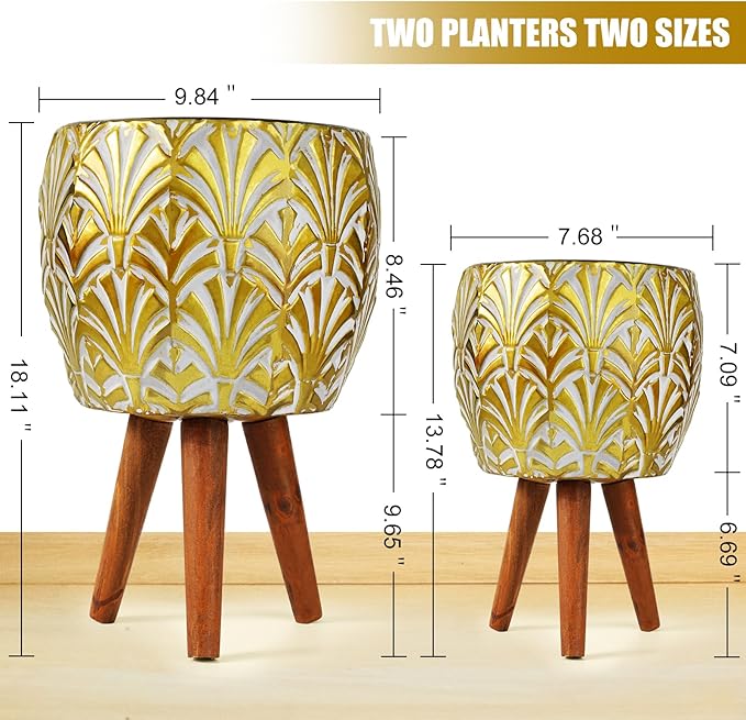 Harvest Land Plant Pots with Stand, Set of 2 Large Modern Planters Metal Tall Handmade Flower Pots with Drainage Holes Indoor Outdoor,Gold-Ruum Studio Home