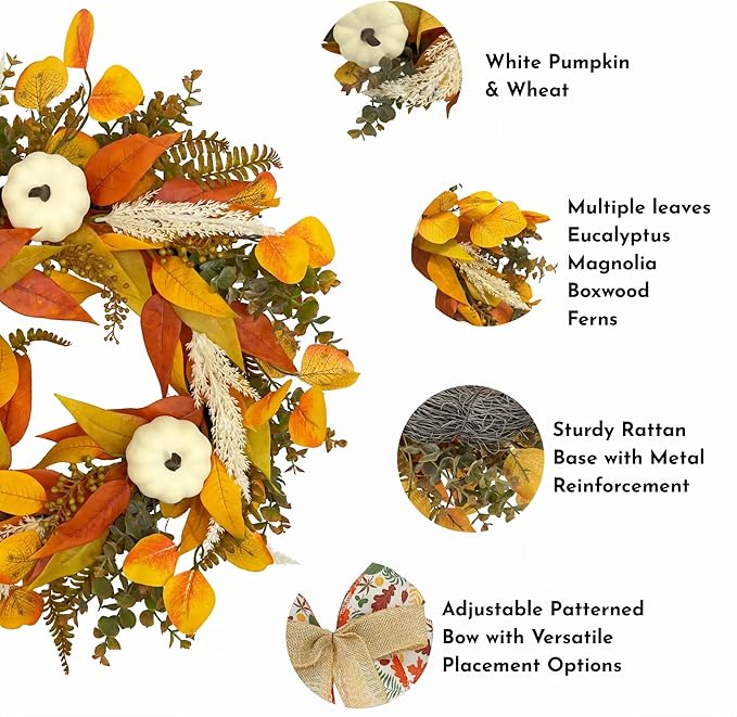 CYANBLOOM Fall Wreaths for Front Door: Rustic 20-22 Inch Bow Wreath with Golden Eucalyptus, White Pumpkins & Wheat - Lovely Warm Vibes Outdoor Indoor Farmhouse Decor for Halloween Thanksgiving Autumn-Ruum Studio Home