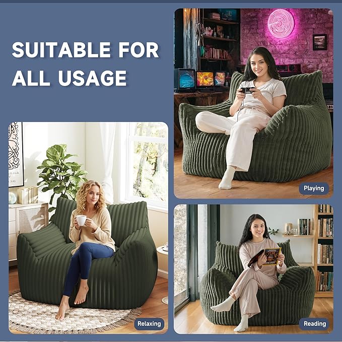 Oversized Bean Bag Chair for Adults, Giant Comfy Plush Boneless Bean Bag Couch with Filler for Kids - Reading Chair for Living Room, Bedroom & Dorm, Single Accent Chair Floor Lounger, Green-Ruum Studio Home