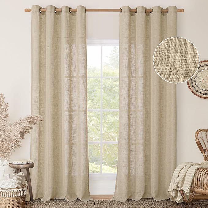 LAMIT Linen Curtains for Living Room Bedroom, 84 inch Curtains Light Filtering Boho Semi Sheer Window Burlap Drapes with Bronze Grommet for Room Decor, 52 X 84 Inch, 2 Panels Set, Brown-Ruum Studio Home