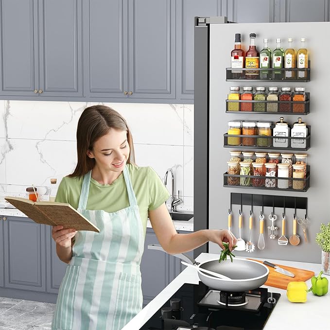 Magnetic Spice Rack for Refrigerator, 5 Pack Magnetic Shelf, Moveable Magnetic Fridge Organizer with 8-Hook Rack, Seasoning Organizer for Kitchen Organization and Storage (5 Pack)-Ruum Studio Home