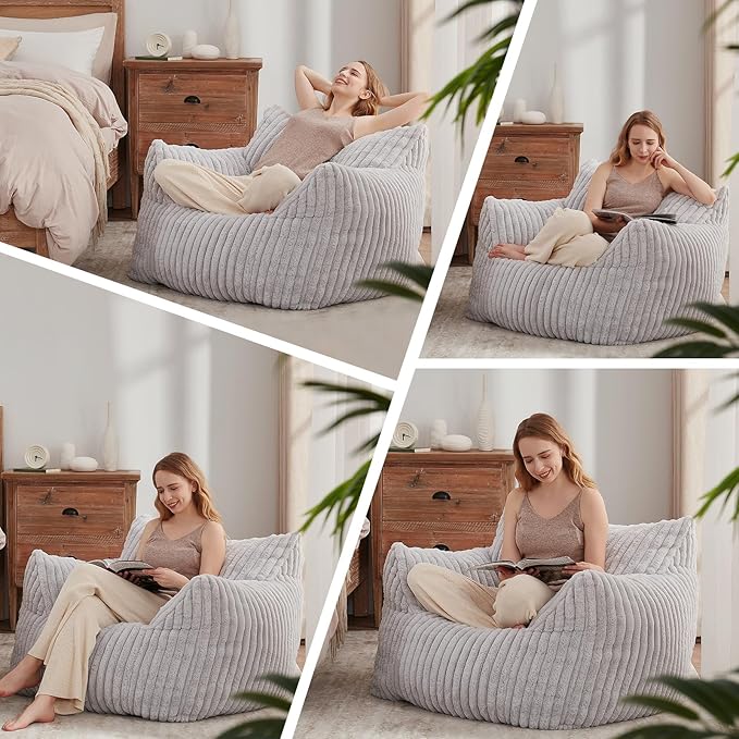 Giant Bean Bag Chairs for Adults Teens, Large Bean Bag Sofa Chairs with Filling Comfy Fuzzy BeanBag Chair with Armrests for Bedroom Living Room Reading (Light Gray, Large)-Ruum Studio Home