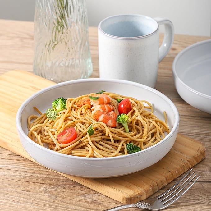 Pasta Bowls 26 OZ,Ceramic Salad Serving Bowls Set of 4,Large 8.2 inch Shallow Bowls Plates for Soup,Fruit,Noodle,Dinner,Dishwasher & Microwave Safe,White-Ruum Studio Home