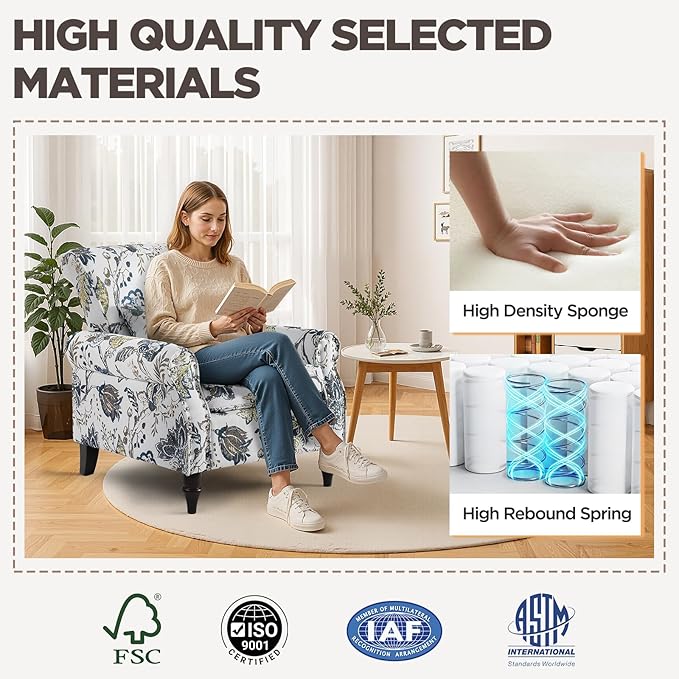 Wingback Accent Chair with Removable Pillow, High Back Floral Armchair with Solid Wood Legs & Nailhead Trim, Comfy Upholstered Reading Single Sofa Chair for Bedroom (2, Blue Floral Pattern)-Ruum Studio Home