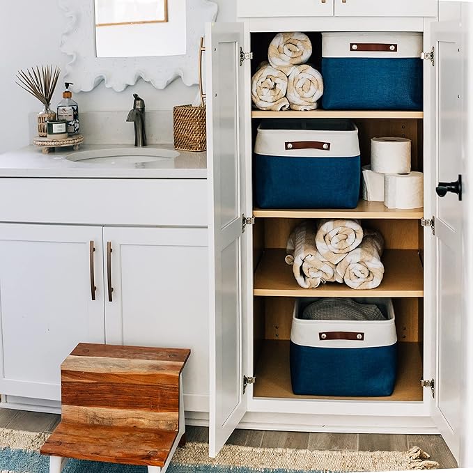 OrganiHaus Extra Large Fabric Storage Bins for Shelves 16x13in, Closet Storage Baskets for Shelf Organizing, Canvas Rectangle Bins for Organization, Linnen Baskets for Organizing - Navy Blue/White-Ruum Studio Home