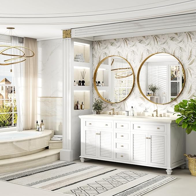 48 Inch Round Bathroom Mirror - Wall Mounted Circle Mirror with Metal Frame, Modern Mirror Suitable for Bathroom, Vanity, Entryway, Living Room, Wall Decor,Gold-Ruum Studio Home