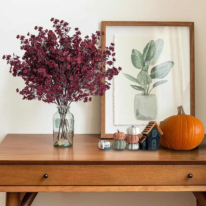 Sggvecsy 15 Pcs Babys Breath Artificial Flowers Gypsophila Bouquets Bulk Real Touch Fake Silk Flowers for Home DIY Floral Arrangement Table Centerpiece Fall Thanksgiving Autumn Decoration (Burgundy)-Ruum Studio Home