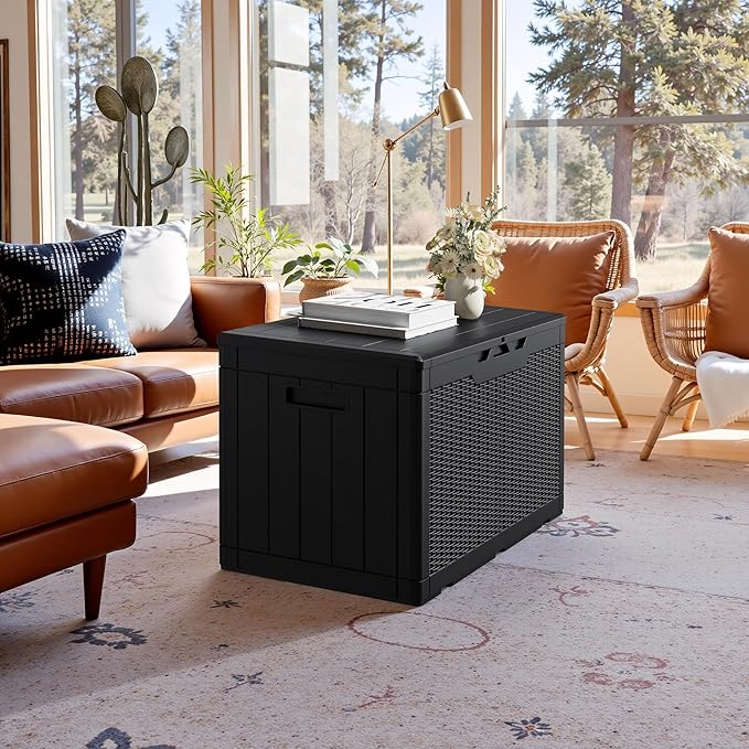 JUMMICO 100 Gallon Resin Deck Box, Waterproof Outdoor Storage Box with Lockable Lid for Garden Tools, Patio Cushions (Black)-Ruum Studio Home