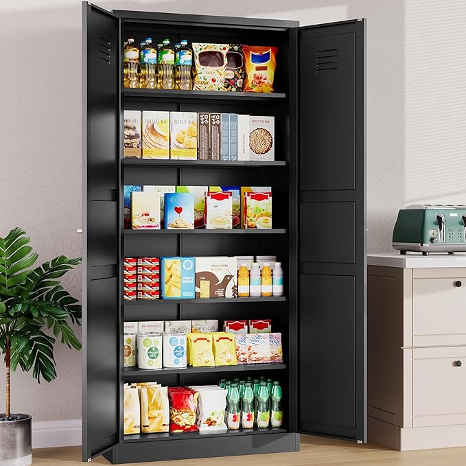 SISESOL Black Storage Cabinet,71" Tall Pantry Cabinet,Kitchen Pantry Storage Cabinets with 2 Doors and 6 Shelves,Wide Deep Metal Food Cupboard for Home,Kitchen,Dining/Living Room-Ruum Studio Home