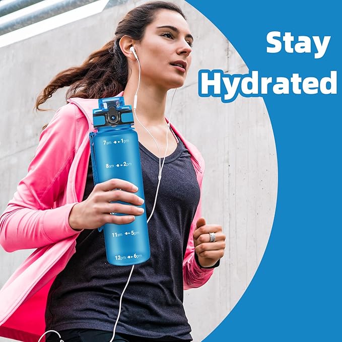 OLDLEY 32 oz Motivational Water Bottle with Time Marker, Sports Water Bottle With Strap, Leakproof & BPA Free Large Water Bottle for School, Gym, Travel, Outdoor, Tritan, Blue-Ruum Studio Home