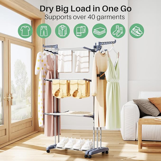 Kitstorack Clothes Drying Rack - Foldable Movable Clothes Rack Drying 30.0" W to 59.0" W Extensible Drying Rack Clothing Oversized 4-Tier Stainless Steel Large Clothes Rack Drying Indoor and Outdoor-Ruum Studio Home