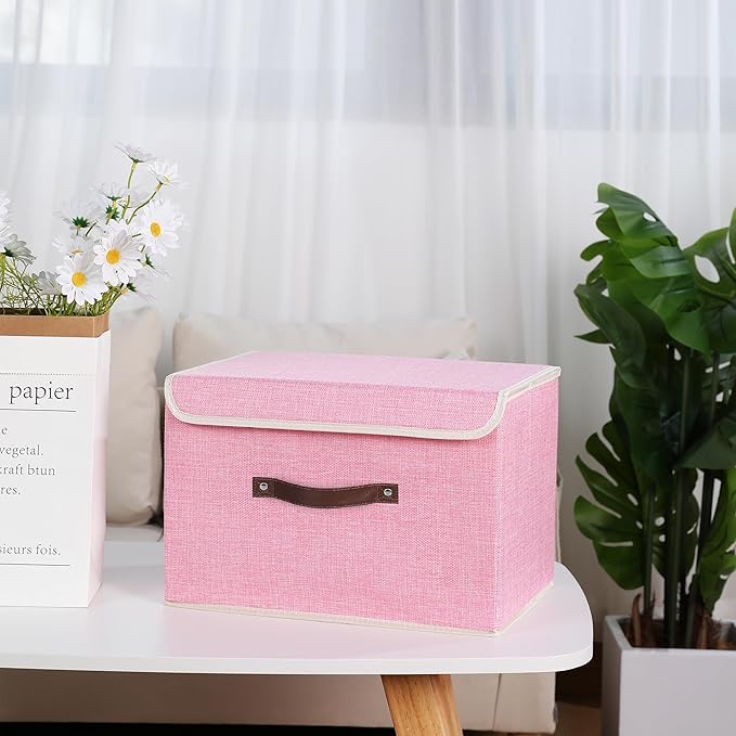ANMINY 4PCS Storage Bins with Lid PU Leather Handles Storage Boxes PP Plastic Board Decorative Foldable Lidded Cotton Linen Fabric Home Cubes Baskets Closet Organizer Containers - Pink, Large Size-Ruum Studio Home
