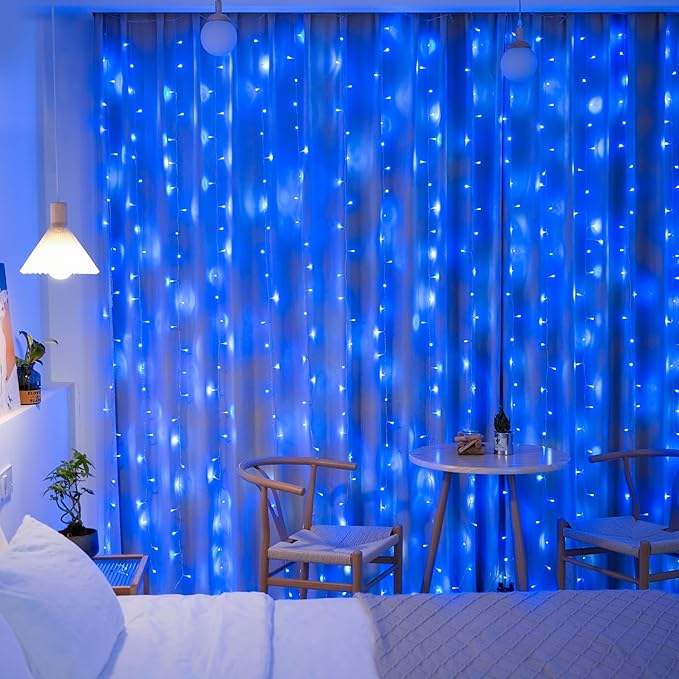 JMEXSUSS 300LED Christmas Curtain Lights, Blue Christmas Lights with Remote, Blue String Lights for Bedroom Wall Window Backdrop Garden Indoor Outdoor Patio Yard Porch Decorations, 9.8x9.8ft-Ruum Studio Home