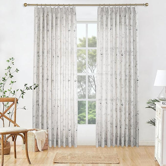 Pinch Pleated Floral Linen Curtains, 60 Inch Wide by 96 Inch Long Printed Curtains for Privacy Light Filtering, Suitable for Living Rooms and Sunrooms.2 Panels
