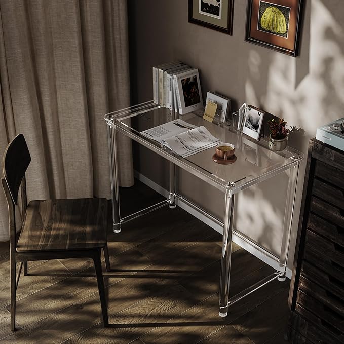 HMYHUM Acrylic Desk, Clear Desk for Home Office for Laptop, Study, Writing, Vanity Table with Cylindrical Legs, Modern, Easy Assembly, 39.4" L x 19.7" W x 29.5" H-Ruum Studio Home