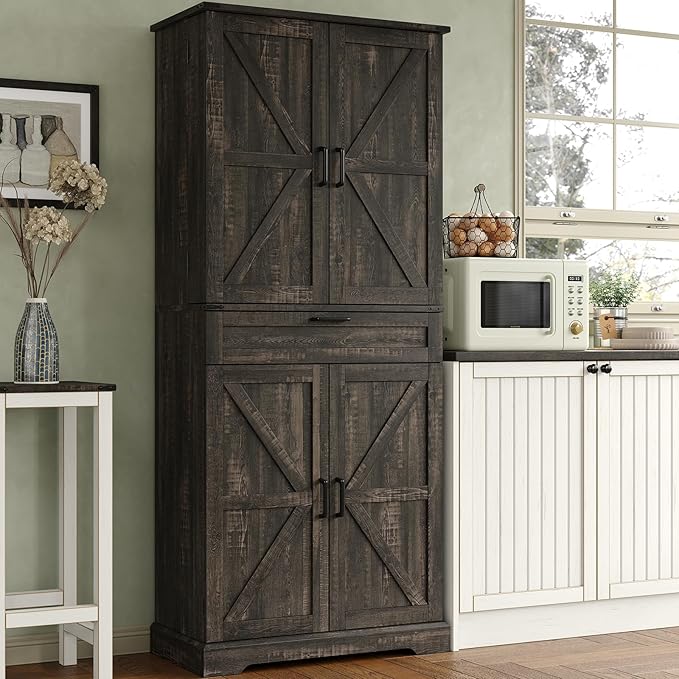 72'' Kitchen Storage Pantry Cabinet, Tall Storage Cabinet with 8 Door Shelves, 2 Cabinets and 1 Drawer, Freestanding Cupboard for Kitchen, Dining Room, Bathroom, Laundry, Living Room, Dark Rustic Oak-Ruum Studio Home