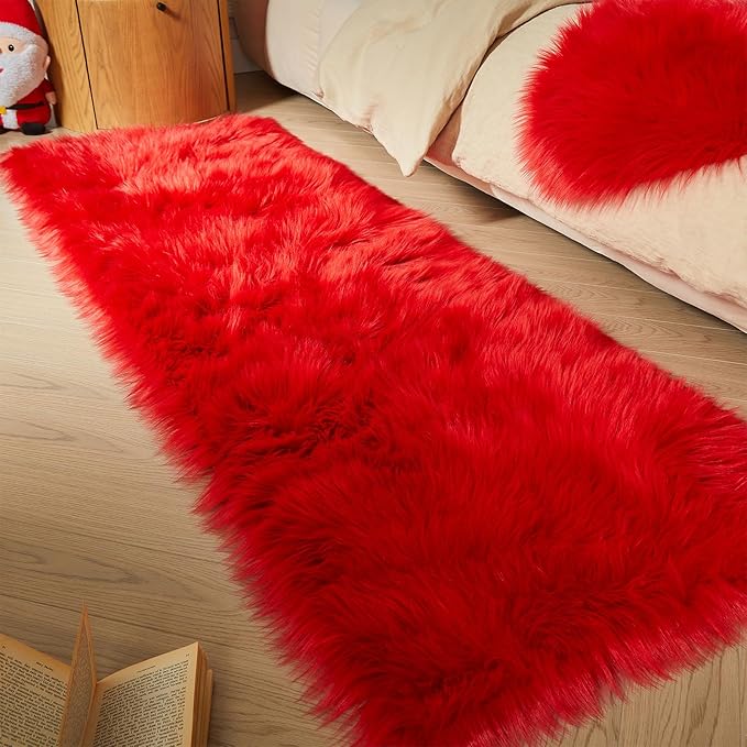 AMTOVO Faux Fur Rug, Red Ultra Soft Fluffy Shag Sheepskin Rug, 2 x 6 ft Runner Area Rugs for Bedroom Sofa Throw Cushion Room Decor, Rectangle-Ruum Studio Home