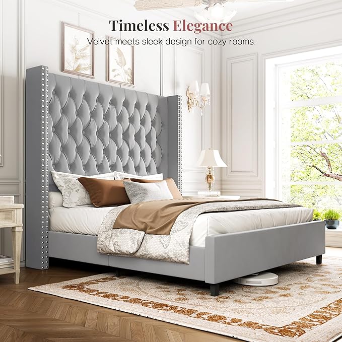 PaPaJet Queen Size Bed Frame with 61.4" Tall Headboard, Velvet Upholstered Platform and Handmade Deep Button Tufting, No Box Spring Required, Grey-Ruum Studio Home