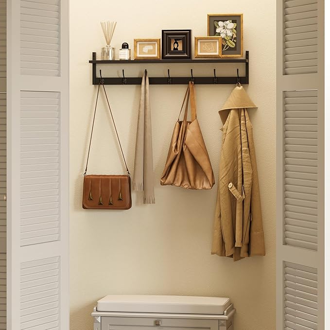 BAMEOS 35 Inch Wall Hooks With Shelf - Entryway Hanging Wood Coat Rack With 7 Dual Hooks for Bathroom, Living Room, Bedroom (Black)-Ruum Studio Home