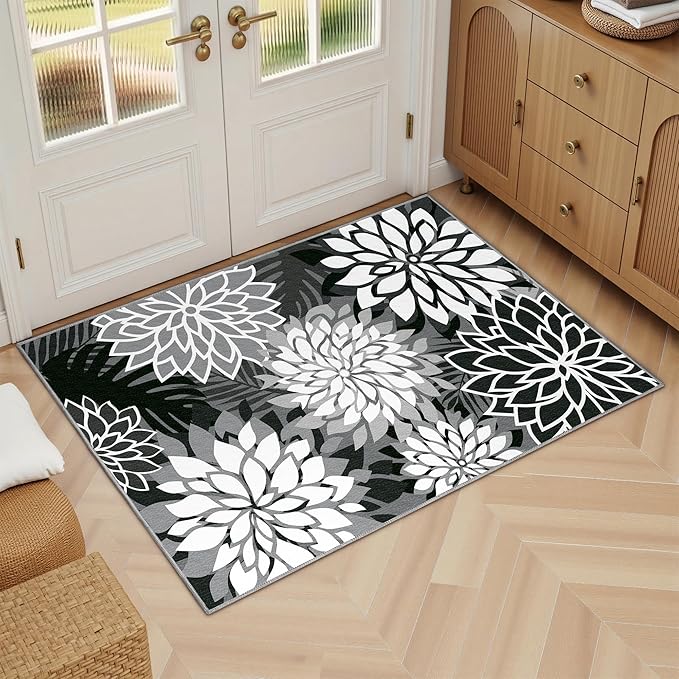 Area Rug 2x3 Black White Washable Entry Small Rug Multicolored Tropical Botanical Modern Floral Indoor Kitchen Door Mat Entrance Carpet Non Slip for Bedroom Living Room, Porch-Ruum Studio Home