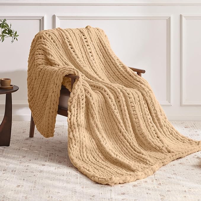 Chunky Knit Throw Blanket, 30''*40'' Knitted Throw Chenille Yarn for Bed Couch, Handmade Beige Crochet Big Thick Blanket, Machine Washable Cute Comfy Blanket for Home Decor-Ruum Studio Home