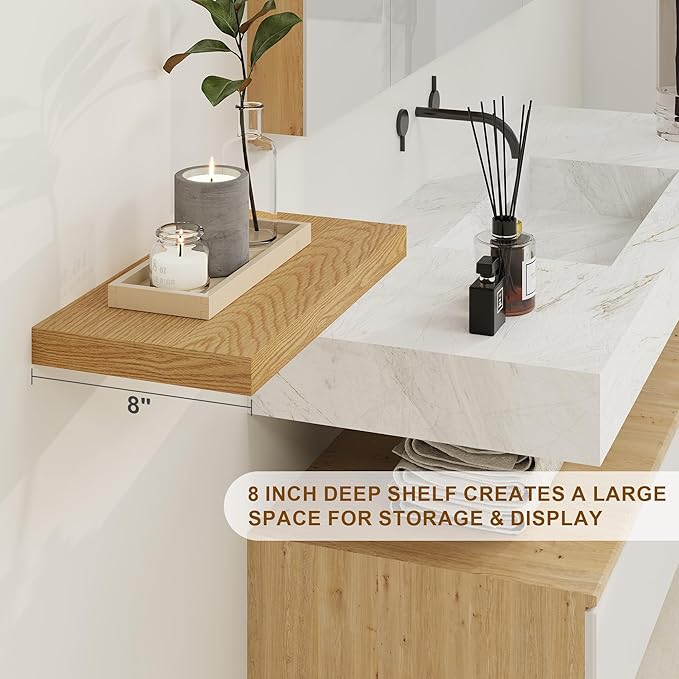 Fun Memories Floating Shelves, 8 Inch Deep Floating Shelves for Wall, 8 x 8 Wall Shelves, Rustic Wood Floating Shelf for Living Room, Bedroom, Bathroom, Oak Color, Set of 2-Ruum Studio Home