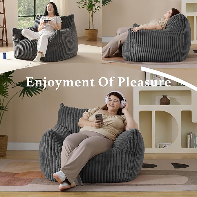 Giant Plush Bean Bag Chair for Adults with Armrests - Oversized Comfy Grey Beanbag Lounge Lazy Floor Sofa Accent Chair for Living Room, Bedroom & Dorm, Cozy Fluffy Single Cloud Mini Couch-Ruum Studio Home
