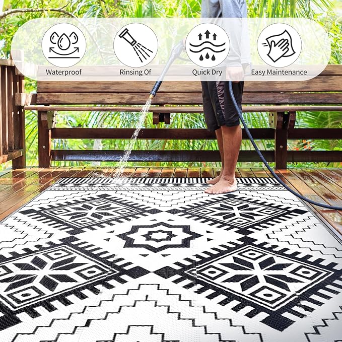 Waterproof Outdoor Rug 8x10ft, Boho Reversible Plastic Straw Mat for Patio RV Deck Porch Backyard Balcony Camping Picnic Beach Indoor Outdoor Carpet, Black&White-Ruum Studio Home