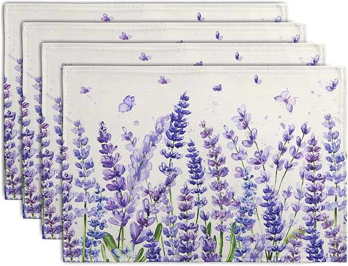 Lavender Placemats Set of 4 Purple Flower Butterfly Linen Fabric Table Mats Seasonal Spring Summer Rustic Floral Placemat Farmhouse Decorative Washable Place Mats for Home Kitchen Dining Table-Ruum Studio Home