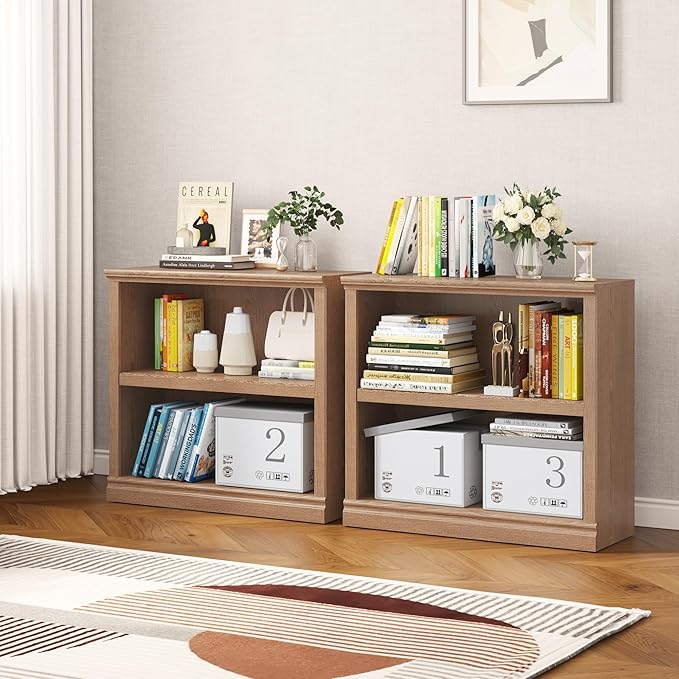 Bookcase, 2 Tiers S Bookshelf Open Storage Organization, Floor Standing Indoor Furniture Book Case for Library Office Living Room Bedroom, Salt Oak - 2 Tier-Ruum Studio Home