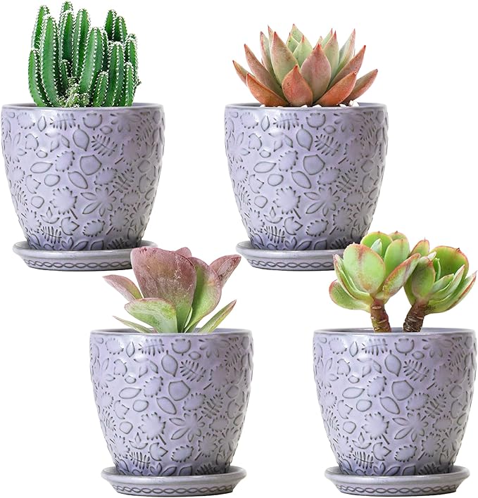 4 Inch Retro Ceramic Planter Set of 4 with Drainage Hole and Saucer for Plants, Indoor-Outdoor Small Garden Pots for Succulent, Herb and Flower (Fits Inner Pots Up to 3 Inch, Retro Purple)-Ruum Studio Home