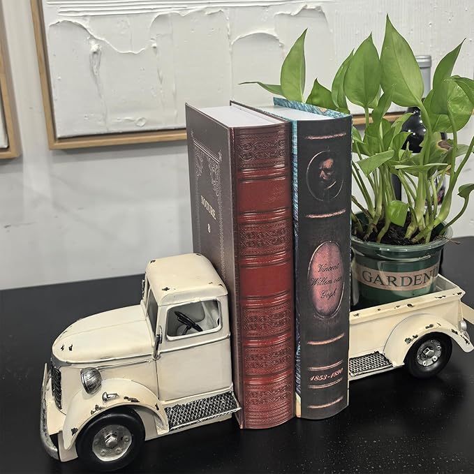 Decorative Book Ends Vintage Bookends: Metal Truck Book Stopper for Heavy Books - Farmhouse Decor for Shelf Table Coffee Bar Office Home - Gift for Adults Men Teen (Vintage White)-Ruum Studio Home