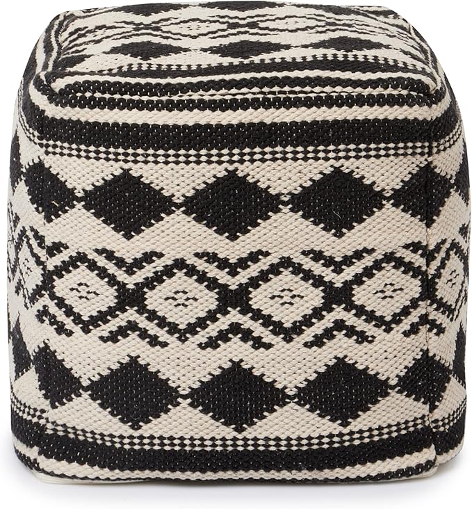 REDEARTH · Tufted Pouf Ottoman with Filler Textured Storage Cube Bean Bag Pouffe Footrest for Living Room, Bedroom, Nursery, Kidsroom; 100% Cotton (17.5"X17.5"X17.5", Linear Diamond Black)-Ruum Studio Home