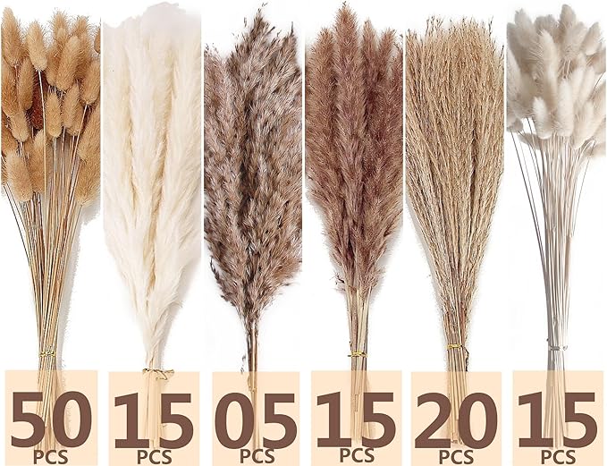 Dried Pampas Grass Decor, 120 PCS Pampas Grass with Bunny Tails Dried Flowers, Reed Grass Bouquet for Wedding, Boho Flowers, Home Table Decor, Rustic Farmhouse Party (White and Brown)-Ruum Studio Home