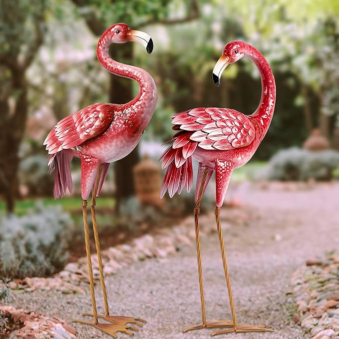 Kircust Flamingo Garden Statues and Sculptures, Metal Birds Yard Art Outdoor Statue, Large Pink Flamingo Lawn Ornaments for Home, Patio, Backyard Decor (2-Pack)-Ruum Studio Home