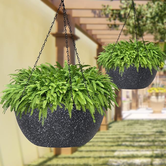 WOUSIWER 13 inch 2Pack Large Hanging Planters for Outdoor Indoor Plants with Drainage Holes and Chain, Round Hanging Flower Pots for Garden Home Porch Decor, Black Speckles-Ruum Studio Home