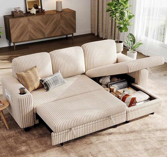 LINSY HOME Sectional Sleeper Sofa with Pull Out Couch Bed - Convertible Plush Corduroy Cloud Couch with Storage Chaise & USB Charging, Comfy L Shaped Modular Couches for Living Room Apartment, Beige-Ruum Studio Home
