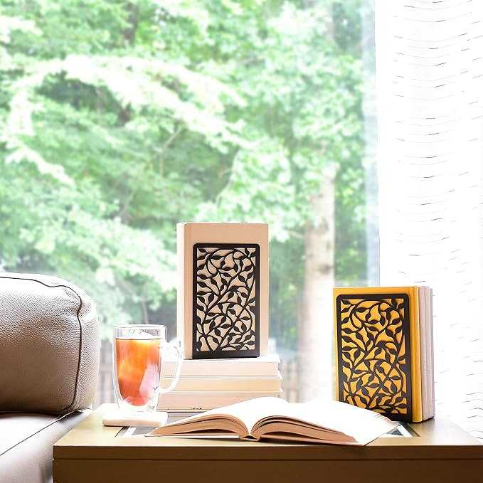 CNK Book Ends for Shelves - Metal Holders for Home Office Heavy Books, Shelf Stoppers, Decorative Set of 2 Black Infinite Leaves Bookends-Ruum Studio Home