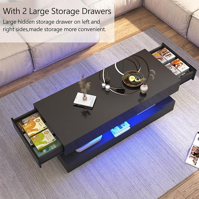 Uspeedy 47.3IN High Glossy LED Coffee Table,Modern Coffee Tables for Living Room,Living Rooms Tables,Large Living Room Furniture,APP LED Lights,Black/White Coffee Table for Livings Room (Black)-Ruum Studio Home