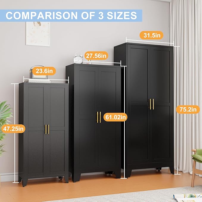 Black Metal Storage Cabinet, 48" Steel Cabinets for Home Office, Kitchen Pantry Storage Cabinet with Doors and 3 Adjustable Shelves, for Office, Home, Garage, School-Ruum Studio Home