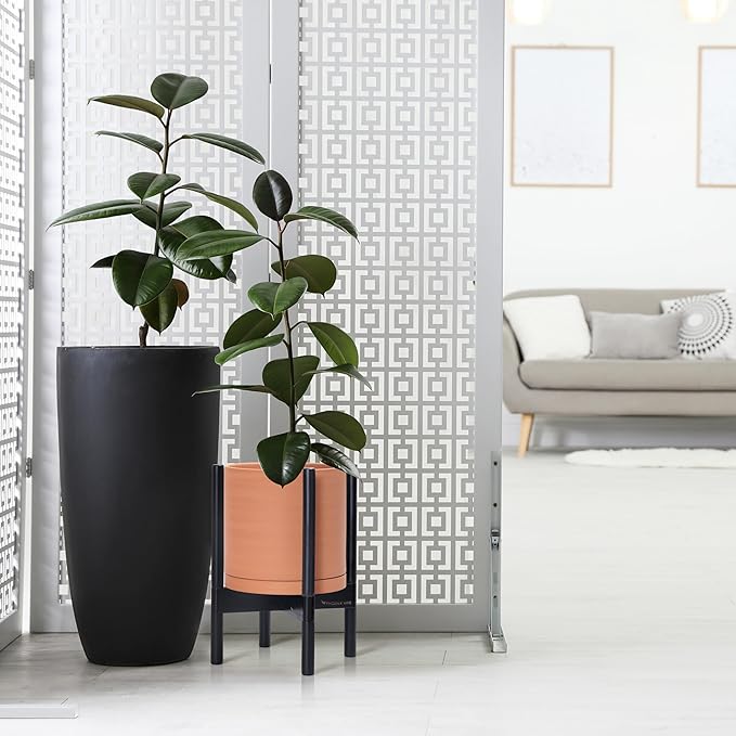D'vine Dev Terracotta Planter with Ebony Stand - 10 Inch Modern Round Flower Pot with Wood Planter Holder, Terracotta, 55-B-L-5-Ruum Studio Home