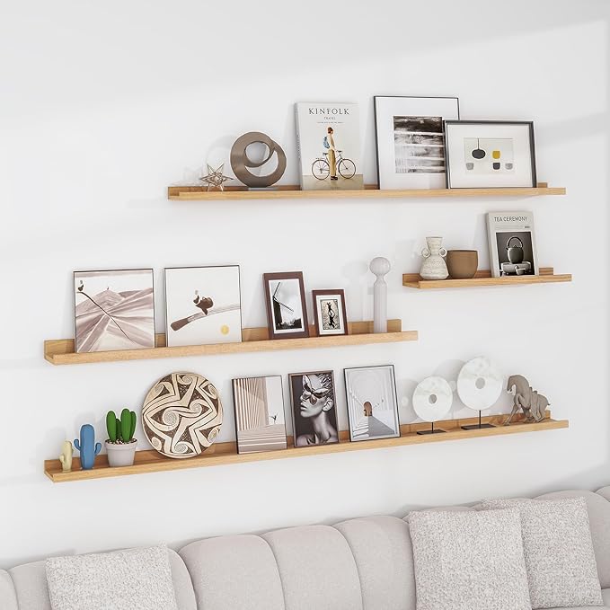 Solid Ash Wood Picture Ledge Shelf, Wood Floating Shelves Set of 2, 48 Inch Long Large Photo Ledge Shelves, Nursery Book Shelves Wall Mounted for Living Room Kids' Bedroom Decor, Natural-Ruum Studio Home