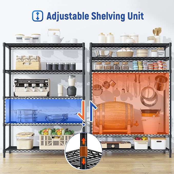 5 Tier Storage Shelves 71"H Wire Shelving Adjustable Metal Shelving,1000LBS Pantry Shelves Sturdy Steel Wire Shelf for Kitchen Commercial Pantry Garage Warehouse ,71"H X35.5"W X13.8"D, Black-Ruum Studio Home