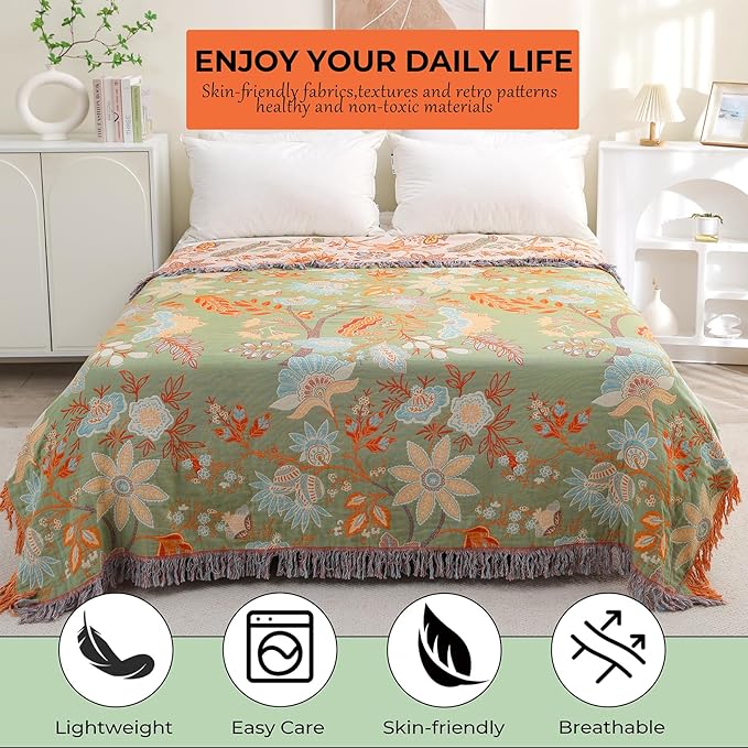 Boho Fall Throw Blanket for Bed，100% Ultra Cotton Soft Breathable Bed Throw Floral Printed Farmhouse Decor Rustic Bed Throws for Couch Sofa Quilt 90" x 98"-Orange& Sage Green-Ruum Studio Home