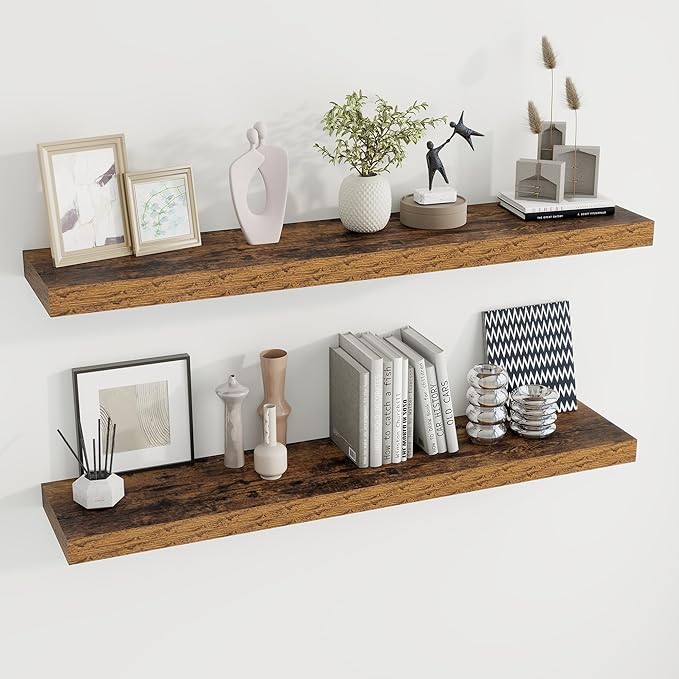 48 inch Floating Shelves for Wall Large Wall Mounted Shelves with Invisible Brackets, Brown Long Shelves for Bathroom, Living Room, Kitchen, Office, 48x9.1 inch deep Set of 2-Ruum Studio Home