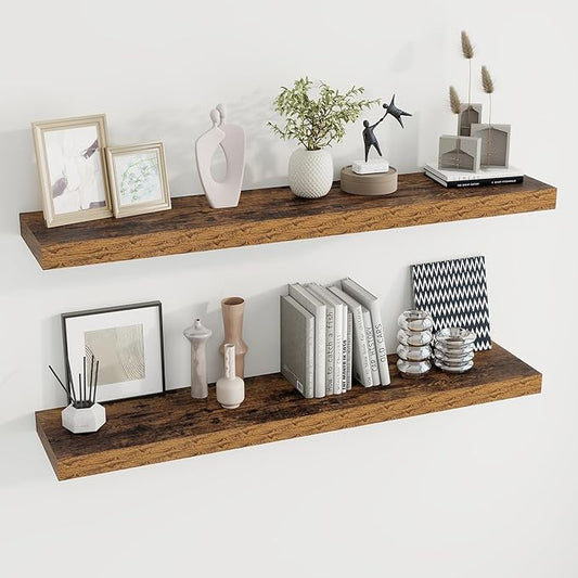 48 inch Floating Shelves for Wall Large Wall Mounted Shelves with Invisible Brackets, Brown Long Shelves for Bathroom, Living Room, Kitchen, Office, 48x9.1 inch deep Set of 2-Ruum Studio Home