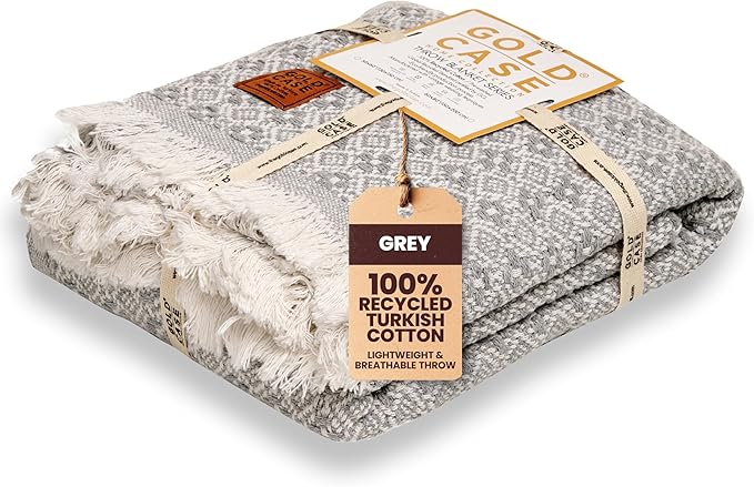 Gold Case Throw Blanket for Couch – 100% Recycled Turkish Cotton Blankets & Throws – Elegant Decorative Throw Blankets for Living Room Sofa – Woven Throws for Couch – Retro Grey – 50x60-Ruum Studio Home