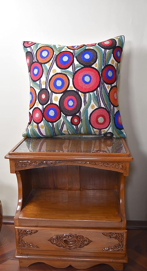 Floral Poppy Pillow Cover White Red Floral Outdoor Pillowcase Suzani Accent Chair Cushion Flower Accent Couch Pillowsham Boho Florals Chair Hand Embroidered 18x18 Inch-Ruum Studio Home
