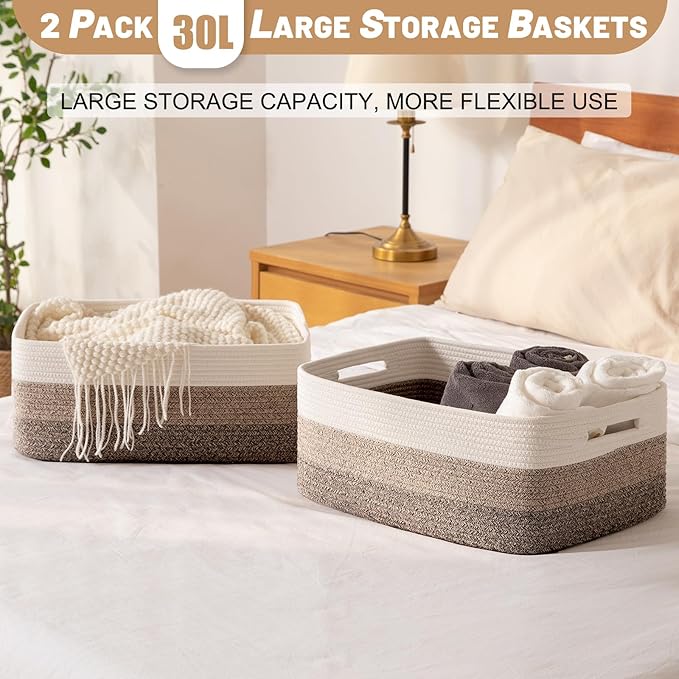 Large Storage Basket for Organizing, Woven Rope Basket for Shelves, Closet Organizer Bins for Clothes, Blanket, Toys, Baby Nursery Storage, 17.7" x 13" x 7.87", 2 Packs Yellow-Ruum Studio Home